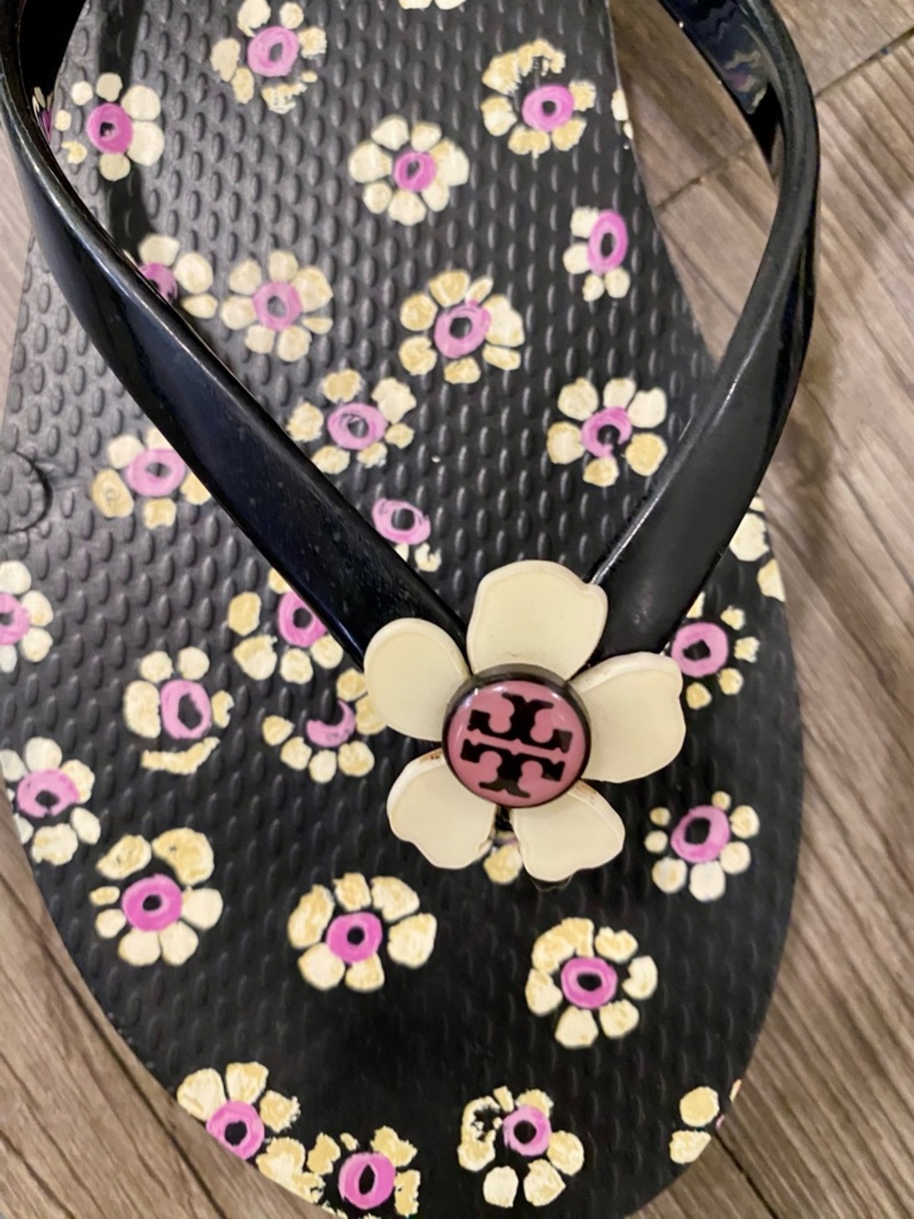 Tory Burch Black Flip Flops with Pink and Cream Floral Accents - Picture 3 of 5